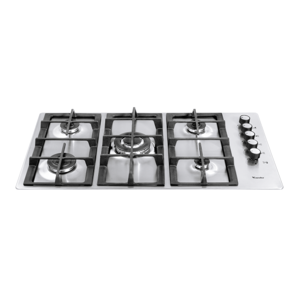 90 cm Hob, 5 Burners - Stainless Steel - Enamel Pan Support - Auto Ignition - Full Safety - Triple Burner - Side Knobs