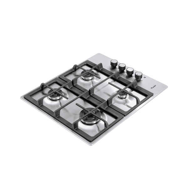 60 cm Hob, 4 Burners - Stainless Steel - Cast Iron Pan Support - Auto Ignition - Full Safety-  Side Knobs
